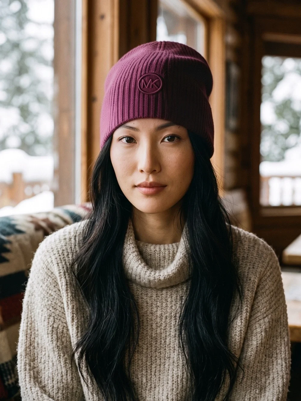 Michael Kors Burgundy Ribbed Knit Slouchy Beanie Tonal MK Logo NWOT